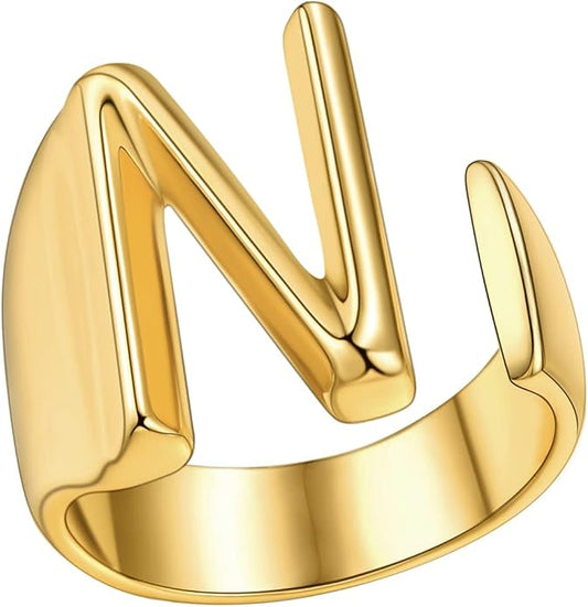 FindChic Customizable Initial Ring Statement 18K Gold Plated Fashion Cuff Rings for Women Alphabet Letter A to Z Resizable Knuckle Ring (with Gift Box)