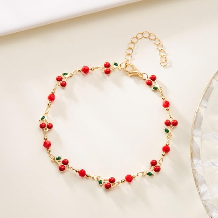 Cherry Bracelet for Women Gold Evil Eye Link Bracelet Dainty Flower Daisy Bracelets Pearl Butterfly Heart Charm Bracelets Adjustable Summer Beach Jewelry