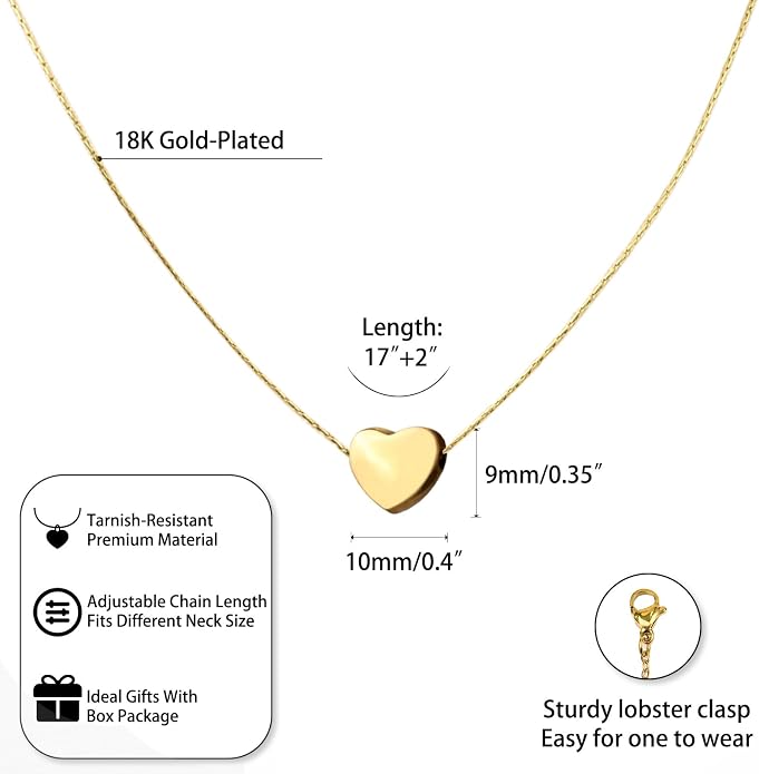 Rosoz Dainty Gold Necklace for Women- 18K Gold/Silver Plated Pendant Choker Heart Necklace Love Tiny Cute Gold Necklace Adjustable Gift for Women