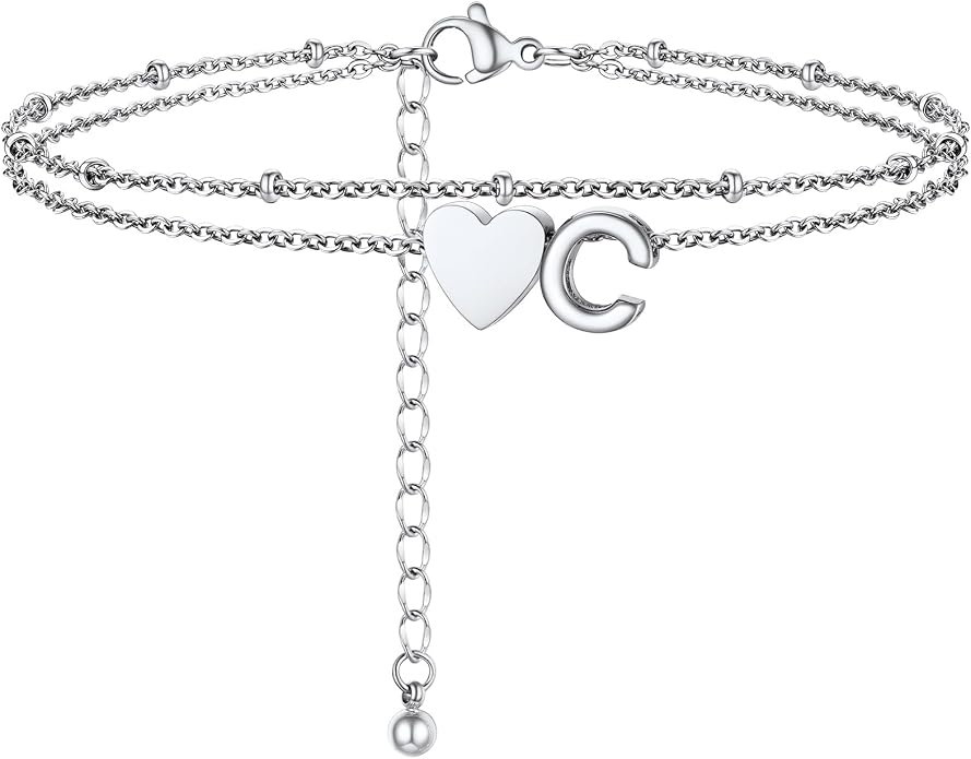 Initial Ankle Bracelets for Women, Dainty Stainless Steel Letter A-Z Layered Anklets, Heart Ankle Bracelet 8.5"-10.5" Adjustable, Summer Beach Jewelry, Come with Box