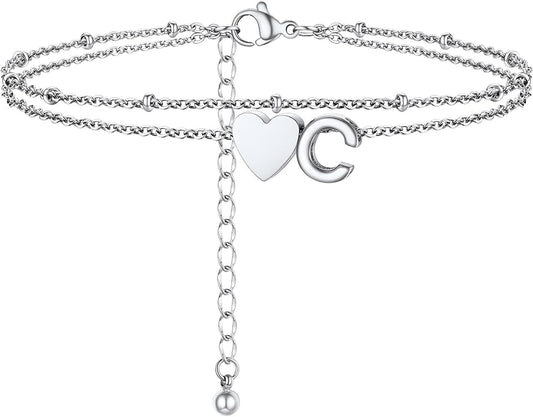 Initial Ankle Bracelets for Women, Dainty Stainless Steel Letter A-Z Layered Anklets, Heart Ankle Bracelet 8.5"-10.5" Adjustable, Summer Beach Jewelry, Come with Box