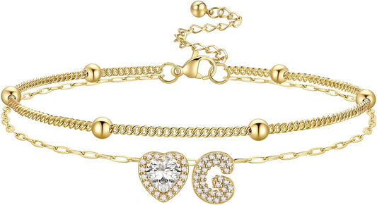 Bestyle Initial Anklet Bracelets for Women Waterproof Non Tarnish 14K Gold/White Gold Plated CZ Anklets for Women Dainty Layered Letter Heart Ankle Bracelets Adjustable Foot Chain Anklet