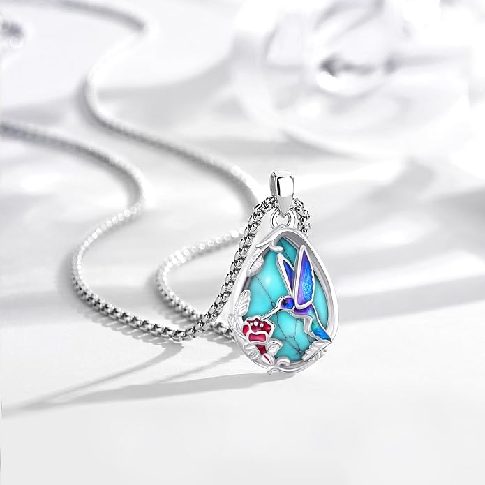 Turquoise/Amethyst/Moonstone/Black Onyx Tree of Life Necklace for Women Hummingbird Necklaces White Gold Plated Copper Jewelry