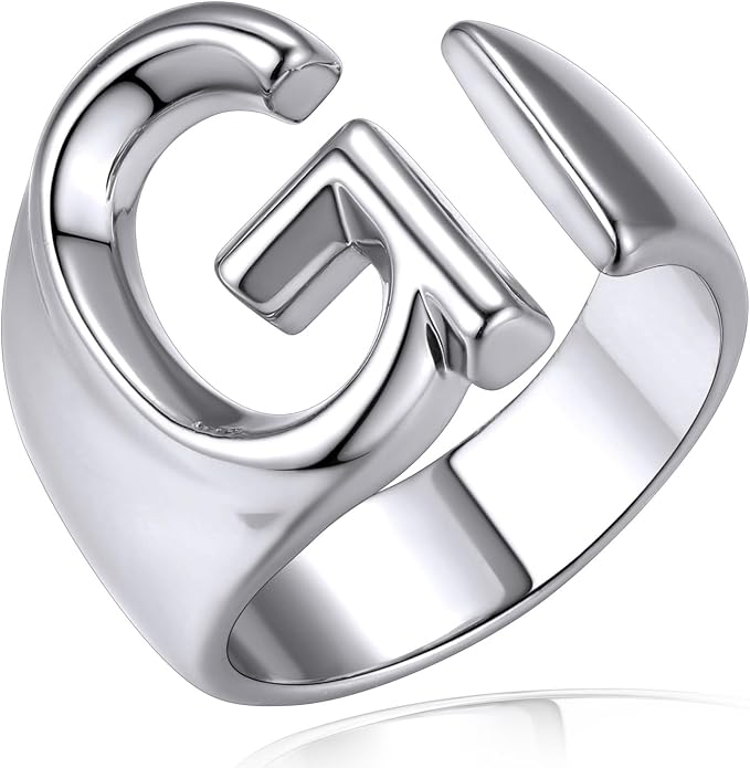KeyStyle Bold Initial Letter Rings Adjustable, GoldChic Jewelry Women Gold Statement Ring Personalized Engraved Women’s Open Signet Ring for Party (Gold, White Gold, Black)