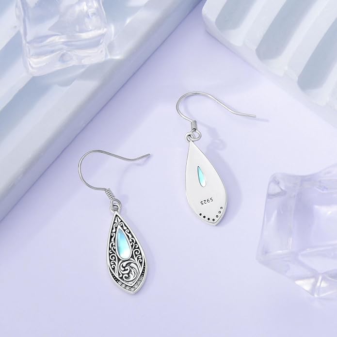 PROESS Moonstone Turquoise Malachite Dangle/Hoop Earrings 925 Sterling Silver Infinity/Wave/Celtic Knot/Clover Filigree Teardrop Earrings Jewelry Presents for Women
