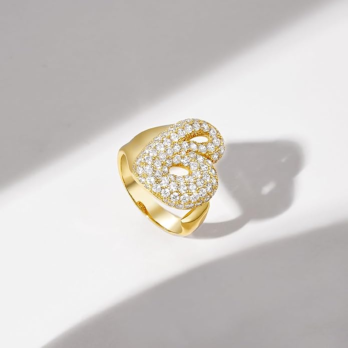 KissYan Bubble Initial Ring for Women, 14K Gold Plate Balloon Jumbo Letter Rings Open Adjustable Dainty Pave CZ Personalized Fashion Jewelry Gift for Mother's Day