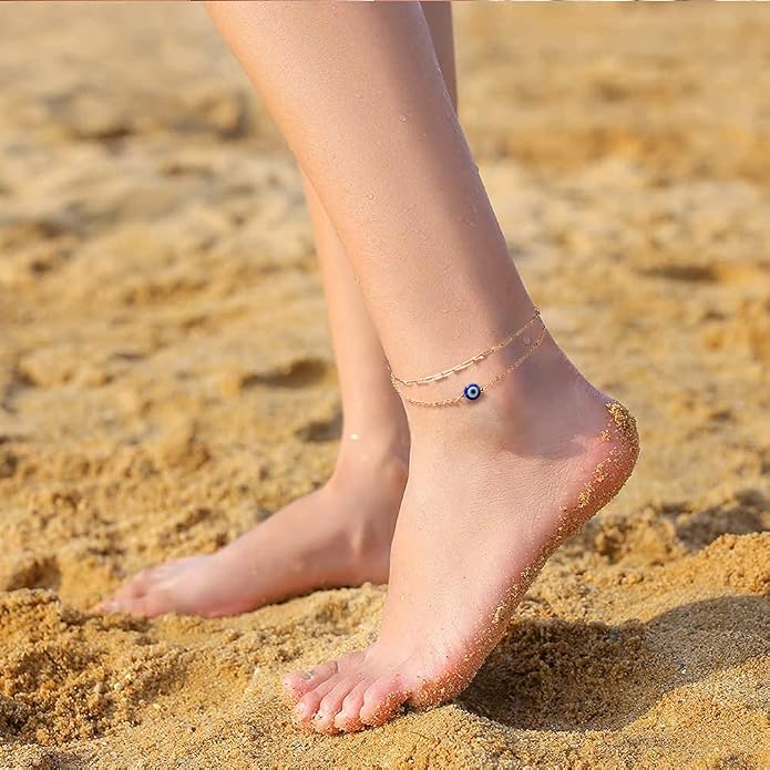 Tarsus Gold Plated Evil Eye Bracelet/Anklets Layered Amulet Nazar for Women