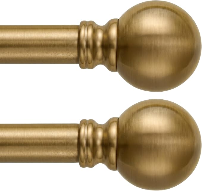 2 Pack Warm Gold Curtain Rods for Windows 48 to 84 Inch 1" Diameter | Adjustable Heavy Duty Brass Window Curtain Rod with Metal Finials for Living Room Bedroom Farmhouse Kitchen Outdoor