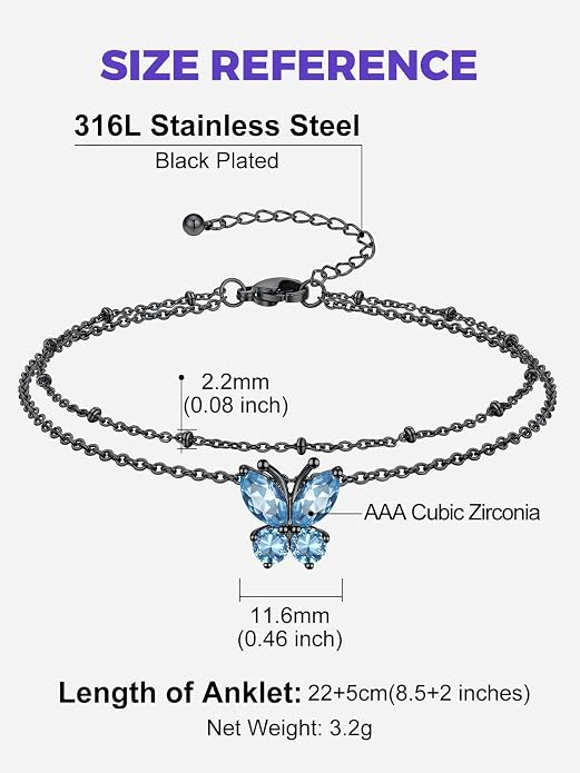 Richsteel Double Layer Heart/Butterfly Birthstone Anklet for Women Non Tarnish Waterproof, Silver/Gold/Black Stainless Steel 8.5-10.5 Inch Adjustable Chain Anklets Jewelry Gifts for Her