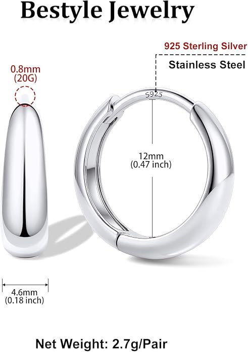 Bestyle Gold Huggies Earrings for Women Hypoallergenic 925 Sterling Silver Post Huggie Hoop Earrings Thick Lightweight Small Hoop Earrings 8/10/12/14mm