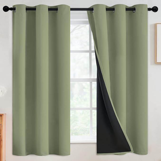 SimpleHome Sage 100% Blackout Curtains Room Darkening Living Room 63 Inch | Curtains for Bedroom,Thermal Insulated Grommet Window Drapes,Curtains for Living Room with Black Back,42 x 63 Inch,2 Panels