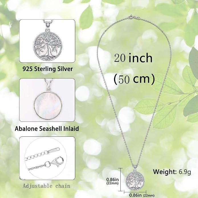 Aniu Tree of Life Necklace for Women, 925 Sterling Silver Mother of Pearl Family Palm Tree Charm Pendant Jewelry for Birthday Christmas Gift