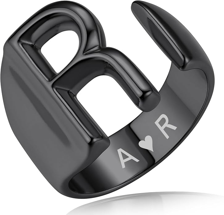 KeyStyle Bold Initial Letter Rings Adjustable, GoldChic Jewelry Women Gold Statement Ring Personalized Engraved Women’s Open Signet Ring for Party (Gold, White Gold, Black)