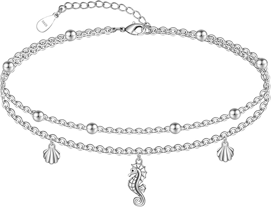 CHIC & ARTSY 925 Sterling Silver Ankle Bracelets for Women, Adjustable Layered Foot Chains with Nature & Symbol Charms, Lightweight Comfort Fit Boho Beach Everyday Jewelry