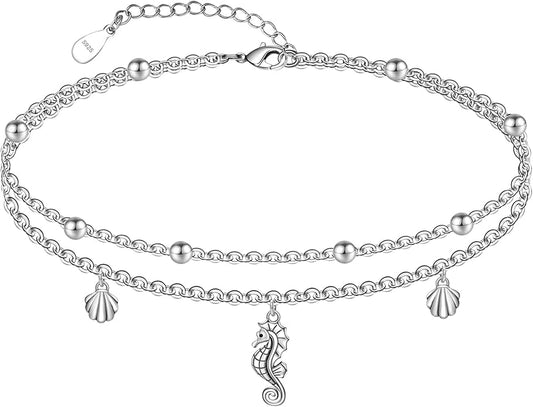CHIC & ARTSY 925 Sterling Silver Ankle Bracelets for Women, Adjustable Layered Foot Chains with Nature & Symbol Charms, Lightweight Comfort Fit Boho Beach Everyday Jewelry