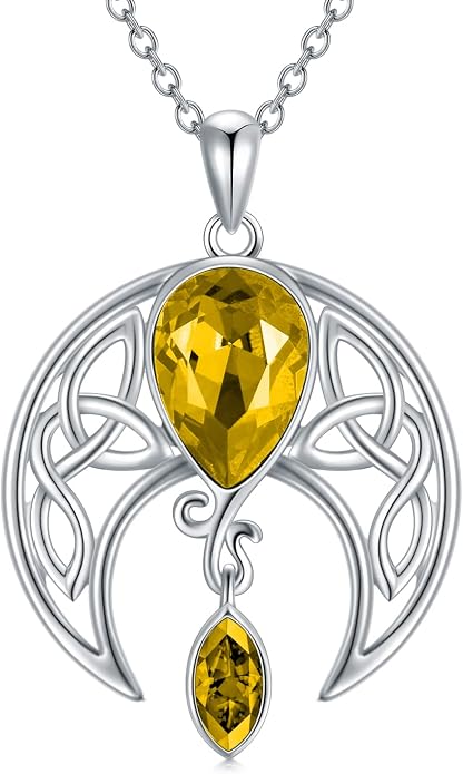 AOBOCO Sterling Silver Celtic Crescent Moon Goddess Pendant Irish Good Luck Necklace with Birthstone Crystal, Celtic Moon Jewelry Gift for Women Mom Wife
