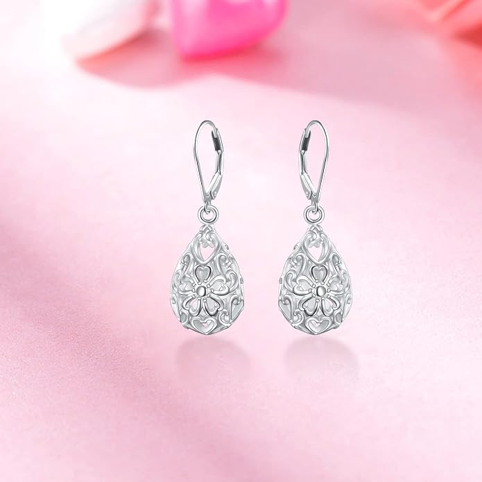 925 Sterling Silver Filigree Dangle Drop Earrings Daisy/Lotus/Rose Flower/Moonstone Leverback Teardrop Earrings for Women Infinity Celtic Knot Daisy Lotus Jewelry for Mothers Day