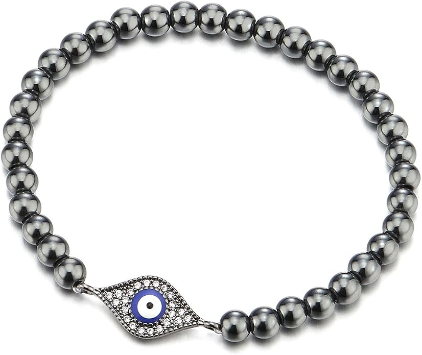 COOLSTEELANDBEYOND Beads Bracelet for Women Men with Cubic Zirconia Protection Evil Eye