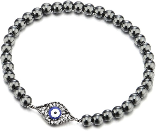 COOLSTEELANDBEYOND Beads Bracelet for Women Men with Cubic Zirconia Protection Evil Eye
