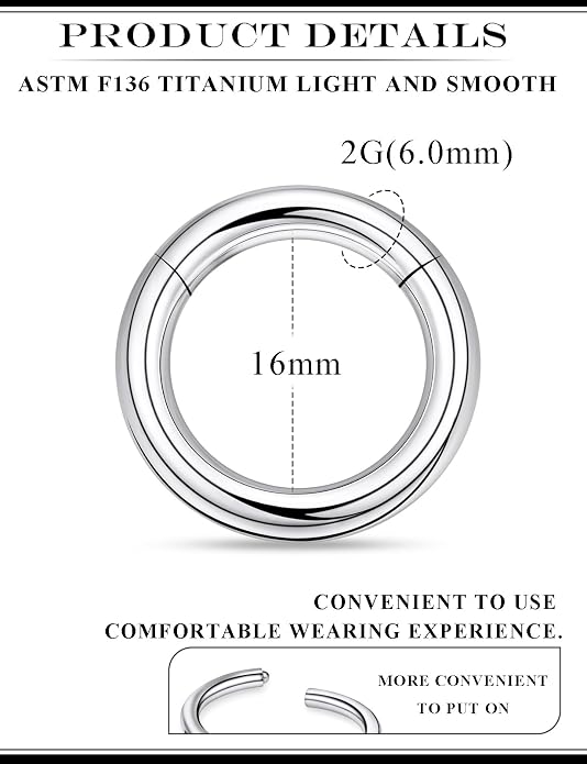 20G 18G 16G 14G 12G 10G 8G 6G 4G 2G Nose Rings Hoops Astm F136 Titanium Clicker Septum Lip Ring Tragus Helix Daith Rook Conch Snug Cartilage Lobe Earrings Hoop Piercing Jewelry For Women Men