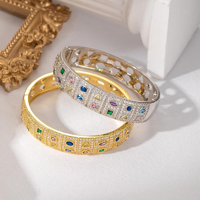 Gold Silver Plated Inspirational Cuff Bangle Bracelets for Women, Multicolor Crystal Statement Jewelry with Gift Box, Encouraging Bracelet Gift for Her Birthday Christmas