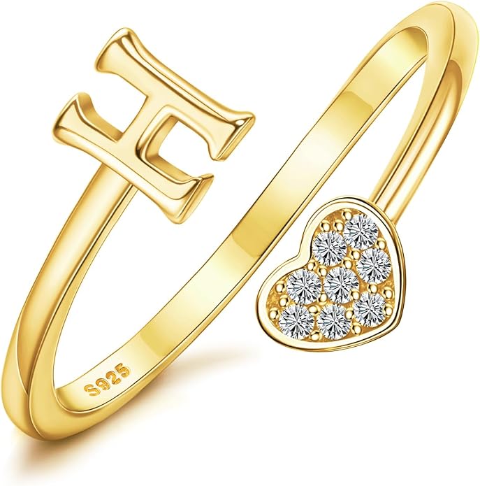 MILACOLATO 925 Sterling Silver Initial Rings for Women Teen Girl 18K Gold Plated Heart Initial Rings Adjustable Capital Letter Ring Stackable Thumb Pinky Rings for Daughter Birthday Bridesmaid Gifts Jewelry, A to Z