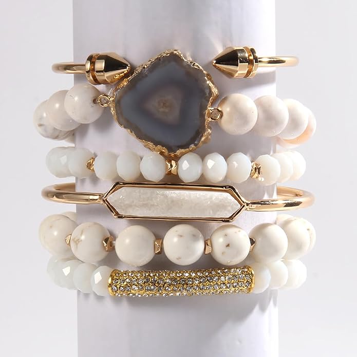 Yomisa 5PCS 6PCS Natural Boho Beaded Bracelets/Bangle for Women Men,Healing Turquoise Jasper Agate Crystal Gemstone Stone Chakra Multilayer Wrap Bohemian Handmade Jewelry Beads Stretch Bracelet Set