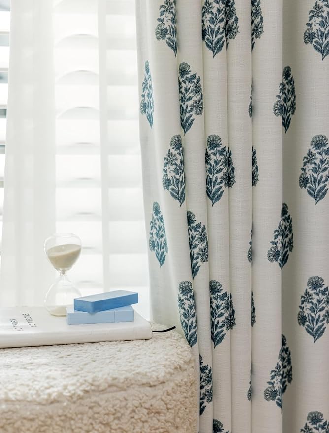 DrapePalette - Linen Blend Pinch Pleated Curtains 108 Inches Long for Living Room, Bedroom, Dining Room, Light Filtering Curtains 2 Panels Set, Modern Floral Printed Design, Kashmir Blue, 30"W x 108"L
