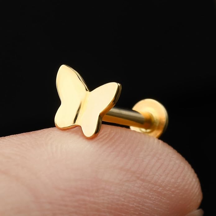 Jewseen 9K Real Solid Yellow Gold Butterfly Stud Earring Flat Back Internal Threaded 16G 8mm Gorgeous Fine Piercing Jewelry for Auricular Cartilage Helix Tragus Lobe Lip
