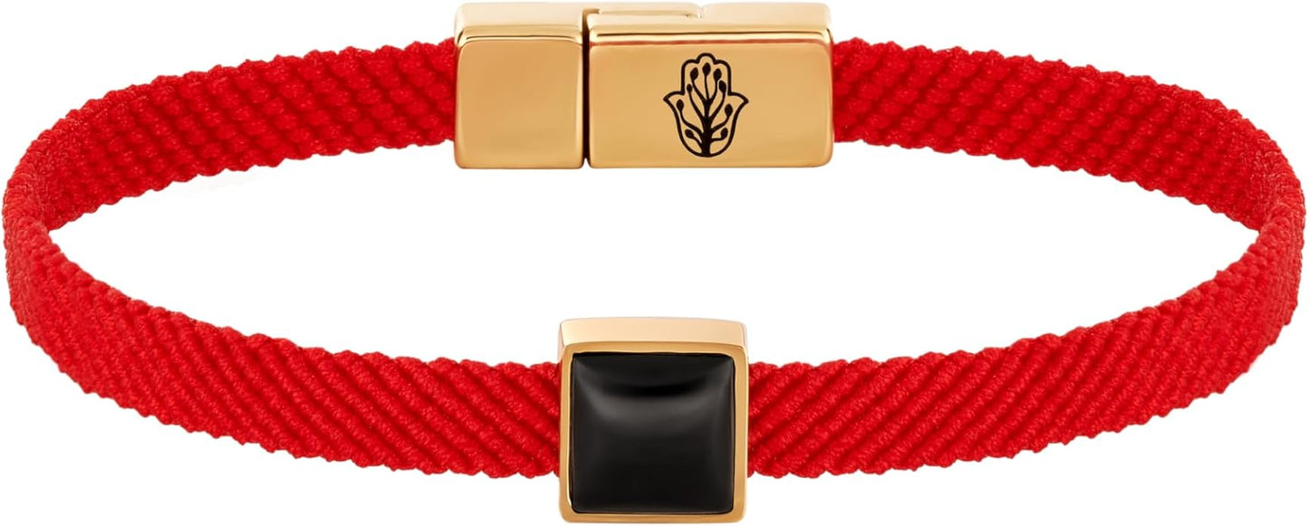 KARMA AND LUCK Red String Bracelet with Black Onyx, Jade, Tiger Eye, Lapis Lazuli - Rhodium Plated Brass, Handmade in Thailand, Available in 6.5", 7", 7.5" Lengths