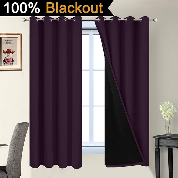 Yakamok Dark Purple 100% Blackout Curtains 63 Inches Long 52" Wide 2 Panels | Blackout Curtain Panels for Bedroom, 2 Thick Layers Grommet Top Thermal Insulated Drapes with Black Liner for Living Room