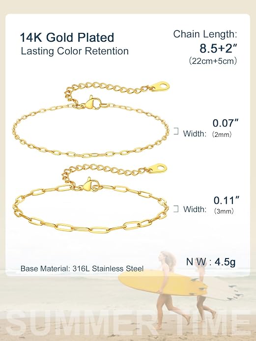 ChainsPro Stainless Steel Waterproof Anklet for Women, Adjustable Non Tarnish Layered Anklets, Trendy Dainty Cuban Link Ankle Bracelet Beach Jewelry Gifts for Swimming & Daily Wear (8.5+2 inches)