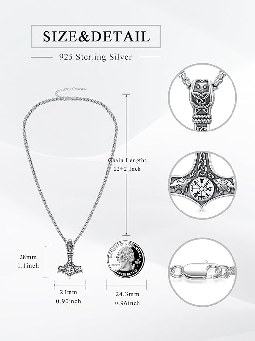 Norse Viking Thor Hammer Necklace 925 Sterling Silver Nordic Mjolnir Necklace Viking Talisman Jewelry Gift for Men