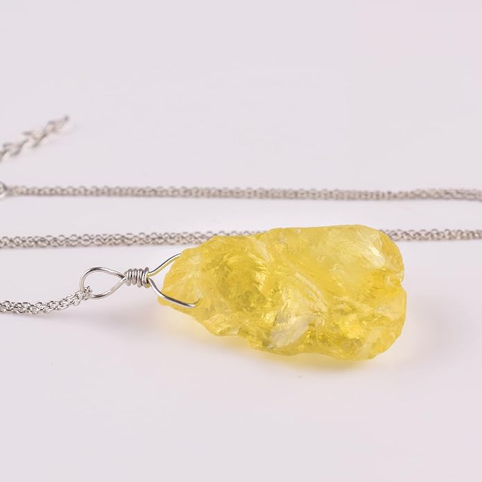 Natural Raw Lemon Quartz Stone Rough Crystal Gemstone Dainty Women Pendant Necklace, Chakra Healing Crystals, Birthstone, Gift, Rhodium Plated 925 Sterling Silver Chain 18 inch