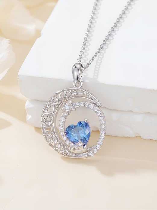 Dorunmo Heart Birthstone Necklace for Women 925 Sterling Silver Moon and Star Pendant Birthday Jewelry Gifts for Wife Her Daughter Mom