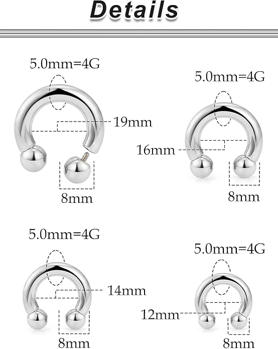 20G-00G Septum Rings Ear Gauges Earrings Stretching Kit 316L Surgical Steel Horseshoe Septum Pa Piercing Jewelry for Women 10mm 12mm 14mm 16mm