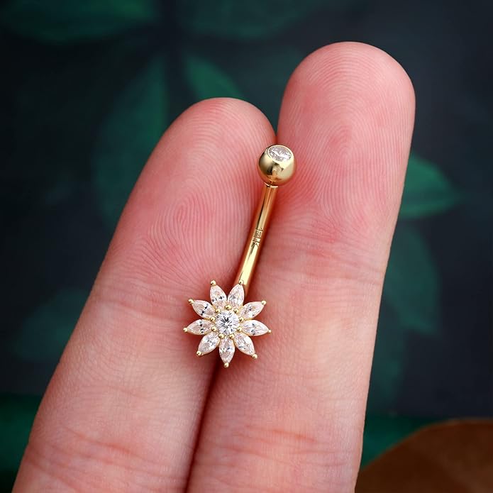 COCHARM 14K Real Gold Flower Belly Button Rings for Women Cute 14K Solid Gold Petal Navel Rings Dainty 14Kt Yellow Gold Belly Button Piercing Jewelry Nickel Free