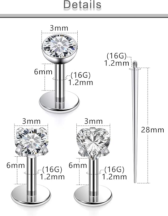 20G 18G 16G F316 Titanium Flat Back Nose Rings Studs Hypoallergenic Screw on Tragus Helix Cartilage Earrings Stud Piercing Jewerly for Women Men Bars 6mm