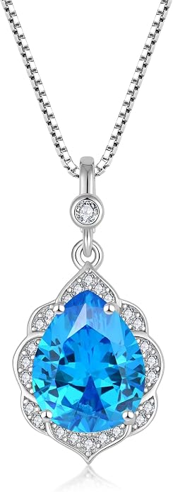 Fahonie Birthstone Necklace for Women 925 Sterling Silver Teardrop Gemstone Pendant Necklace Anniversary Birthday Christmas Cubic Zirconia Jewelry Gifts for Women Mom