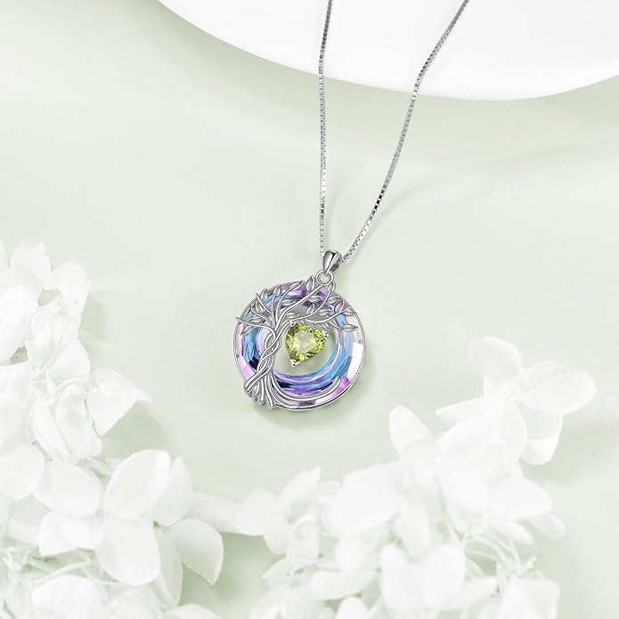 POPLYKE Mothers Day Gifts for Mom Her Wife Tree of Life Necklace 925 Sterling Silver Birthstone Pendant with Crystal Anniversary Birthday Wedding Jewelry for Women