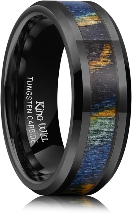 King Will Black Tungsten Wedding Band For Men, 8mm Promise Ring Inlay Red Twill Pattern/Colorful Wood Chips, High Polished Beveled Edge - Suitable For Daily Wear, Comfort Fit Size 7-14