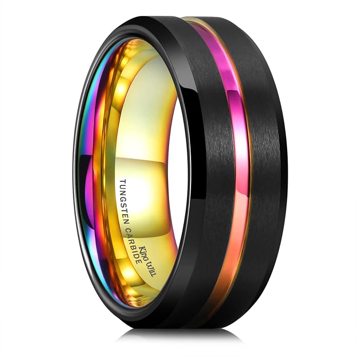 King Will Mens 8mm Rose Gold Groove/Gold Loop/Black Cross Groove Tungsten Carbide Wedding Ring Line Flat Pipe Cut Brushed Polished Comfort Fit 7-14