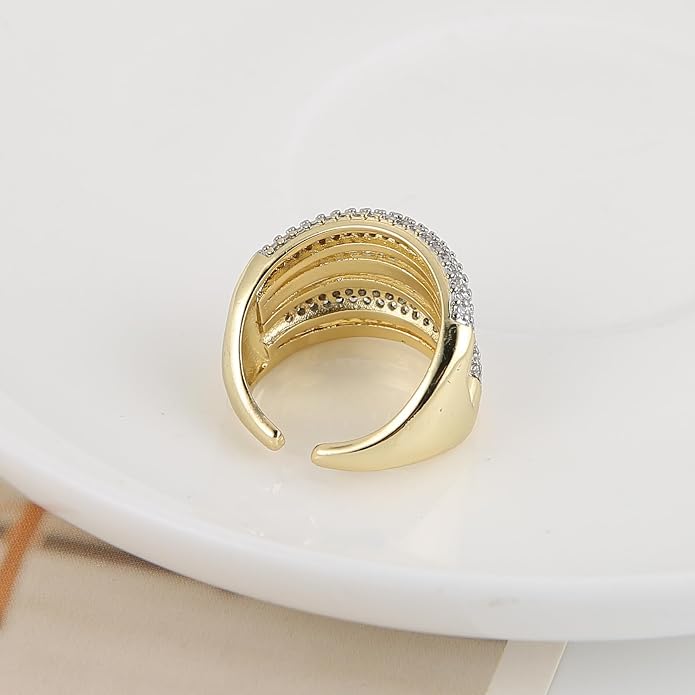 HZMAN 14K Gold Plated Brass Open Ring Collection for Women, Non-Adjustable Crystal Inlay Statement Rings, Wide Band Cocktail Jewelry Assorted Styles