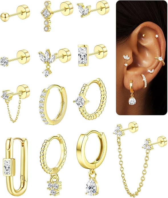 ORAZIO 20G Helix Piercing Jewelry Flat Back Cartilage Earrings for Women Surgical Stainless Steel Hypoallergenic Hoop Stud Earrings Set Tragus Helix Piercing Jewelry for Sensitive Ears Single Pc