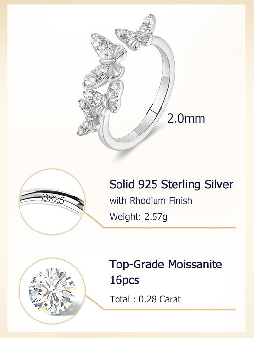 Moissanite Flower/Butterfly/Star Pretty Open Ring for Women, Adjustable Ring, Solid 925 Sterling Silver with Gold Plated, Stackable Ring, Birthday Valentines Anniversary Mothers Day Ideal Gift for Her