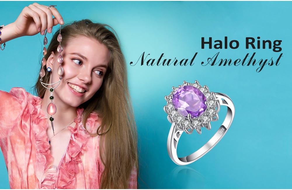 JewelryPalace Princess Diana Kate Middleton Class Gemstone Birthstone Sapphire Halo Engagement Rings for Women, Anniversary 14K White Yellow Rose Gold Plated 925 Sterling Silver Promise Rings for Her