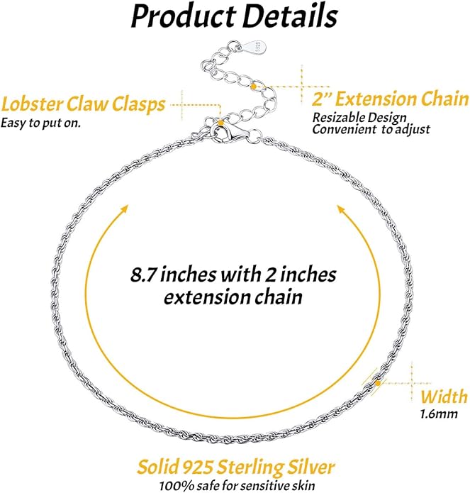 ChicSilver 925 Sterling Silver Ankle Bracelet for Women, Simple Cuban Link/Figaro/Twist Rope Chain Anklets for Beach Party(with Gift Box)
