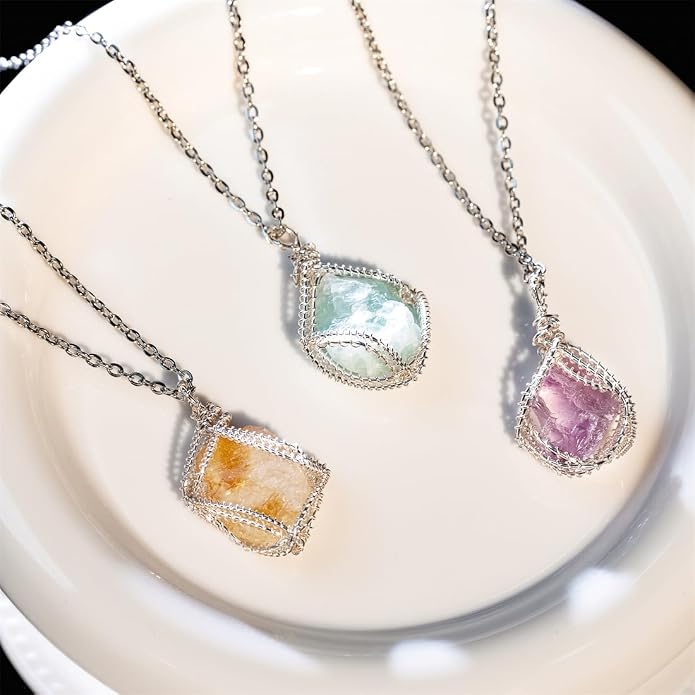 YGLINE Natural Raw Stone Healing Crystal Necklace Wire Wrapped Pendant for Womens Ladies
