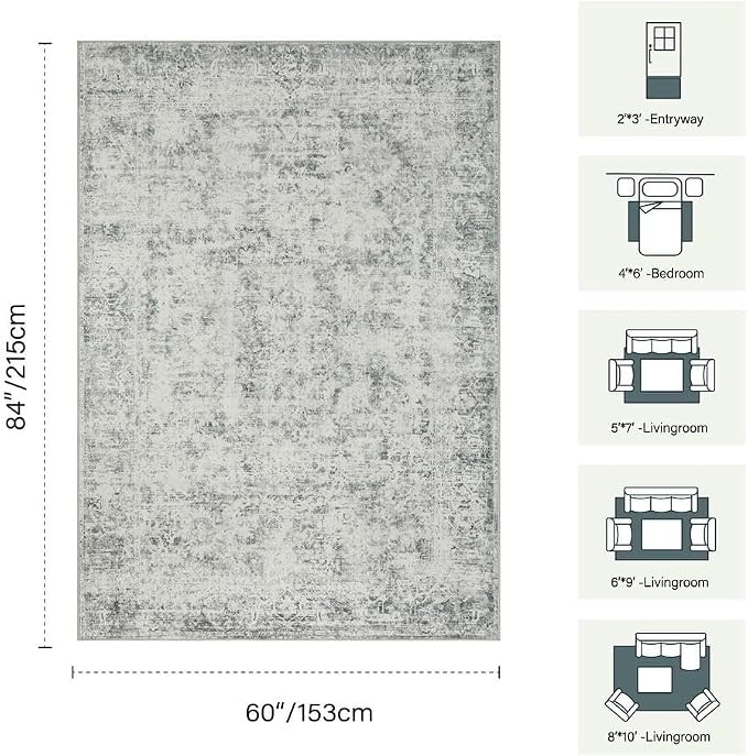 Rugxara Grey Area Rugs 5x7 Washable Rug for Living Room Bedroom | Non Slip, Rug for Dining Room Office Farmhouse Dorm, Stain Resistant, Soft, Vintage Boho Retro Carpet, Low Pile, Home Decor