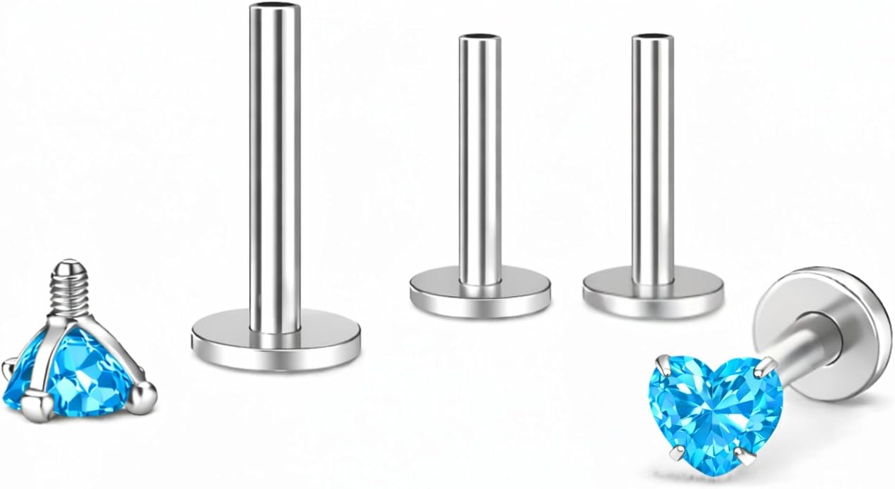 Titanium Heart CZ Labret Stud Earrings for Piercings by Ginger Lyne 6Pc Set G23 Screw Front Flat Back Body Jewelry 2 pair post 6mm, 8mm Cartilage, Helix, Tragus, Lip, Conch, Lobe